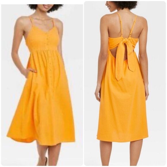 Bright sunshine orange open back midi sundress with pockets size small - Picture 1 of 7